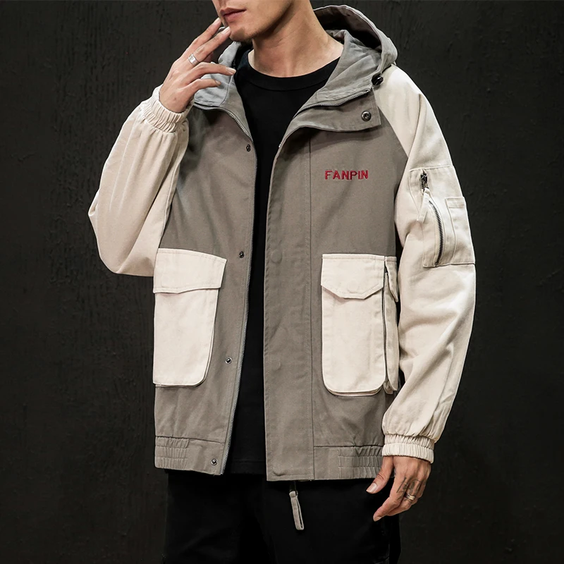 

New contrast color tooling jacket men's fashion spring and autumn large size men's loose trend hooded casual jacket clothes