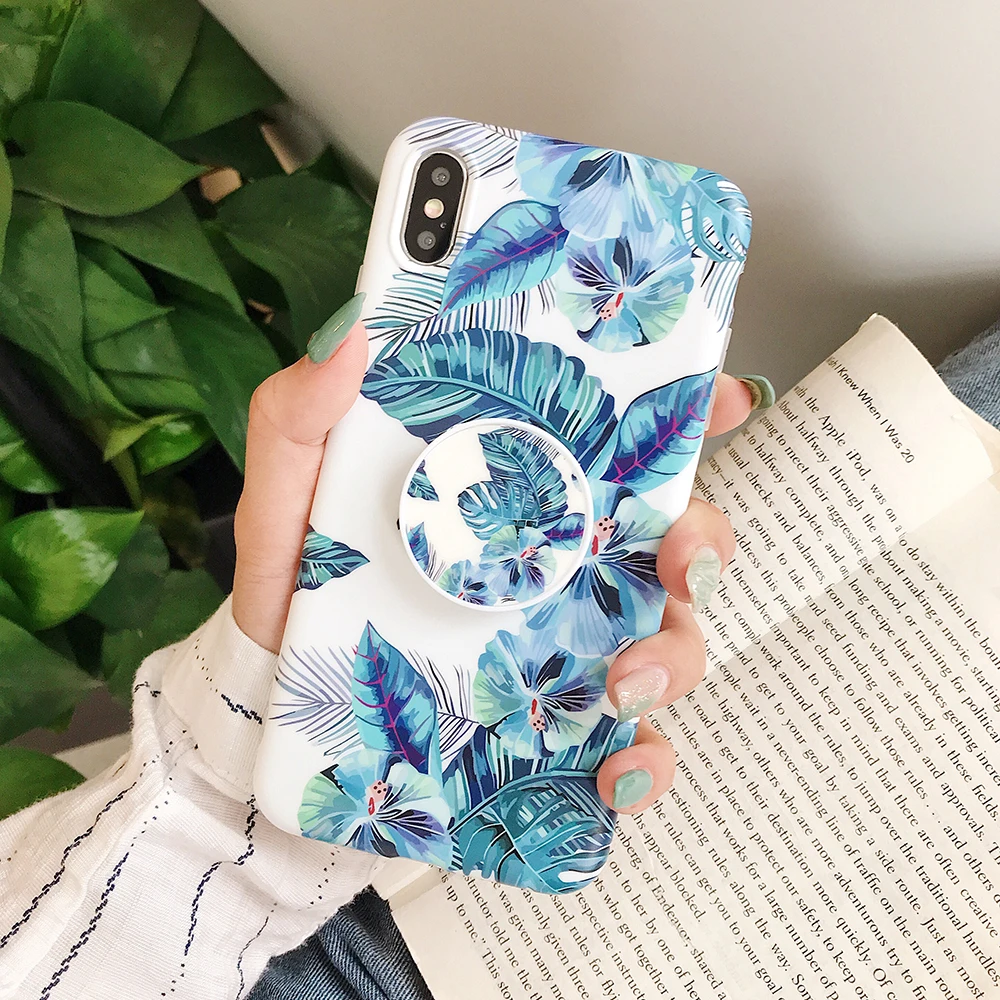 LOVECOM Ретро цветок лист стрейч держатель чехол для телефона для iPhone 11 Pro Max XR XS Max 7 8 6 Plus чехол мягкий IMD Телефон задняя крышка - Цвет: o((With Kickstand)