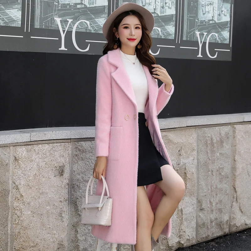 Женское пальто Имитация золотого бархата двубортное Женское пальто корейское пальто средней длины Женское пальто модный костюм с воротником - Цвет: pink
