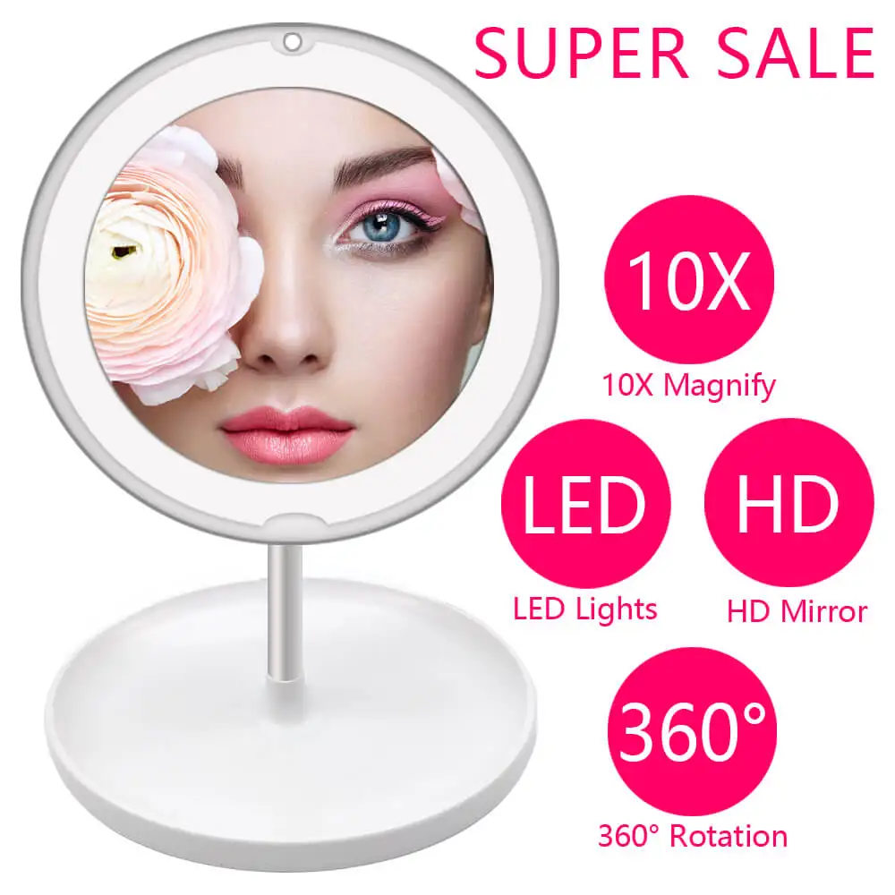 Светодиодный светильник, зеркало для макияжа, лампа 10X, лупа, батарея, увеличительное стекло для макияжа, мини, для ванной, косметическая, для ванной, умная присоска - Цвет: 10X Led Mirror Desk