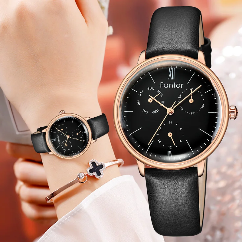 Najtaniej Fantor kobiety luksusowej marki zegarek Chronograph skórzane zegarki damska sukienka zegar moda elegancki zegarek dla kobiet Ladies