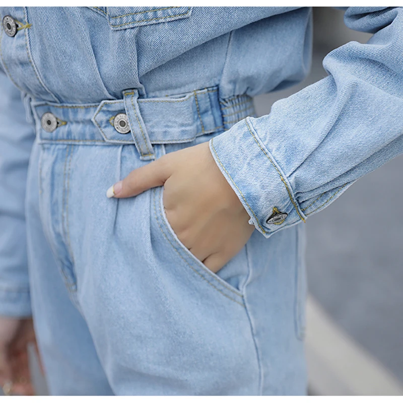 New Blue Bodycon Jeans Jumpsuit Women Elastic High Waist Rompers Pocket Long Sleeve Bodysuit Fashion Tunic Ladies Denim Overalls