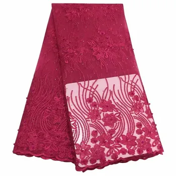 

Royal Blue / red stones African French Mesh Net Lace Fabric For India Evening Party Dress Fabrics 2019 New Nigeria beads Voile