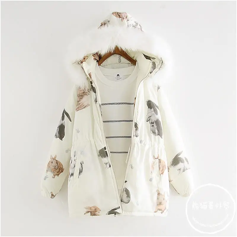

Japanese-style Winter College Style Soft Girl Cute Rabbit Waist Hugging Deconstructable Hat Mid-length Cotton Coat Cotton-padded