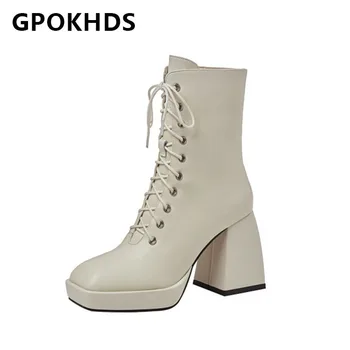 

GPOKHDS 2021 women Ankle boots Cow leather Winter short plush Square Toe Zipper Lace-Up Super High heels female boots size 39