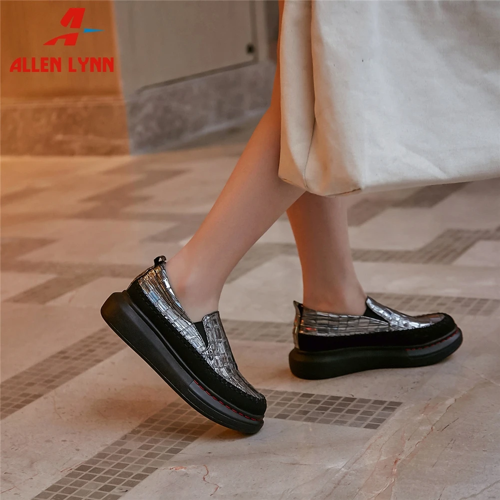 

ALLEN 2020 New Arrival Ladies 2020 High Platform Shoes Woman Fretwork Genuine Leather Flats Women Shining Metallic Loafers
