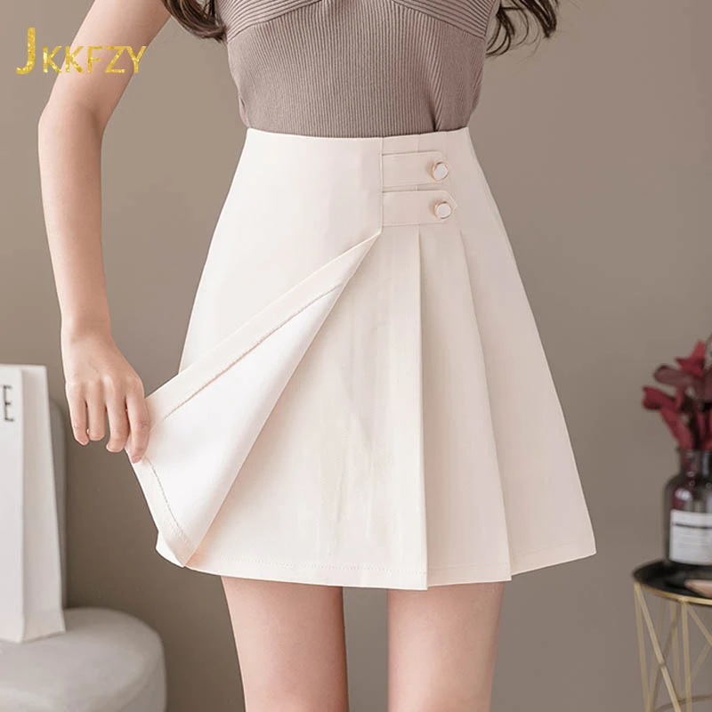 Summer 2020 Pleated High Waist Short A-line Skirt Female KoreanTwo Buttons Zipper 2 Layer Women's Office Skirt Bottoms White lululemon skirt