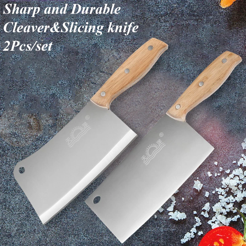 

2Pcs/Set Stainless Steel Kitchen Knife Set Meat Cleaver Chopping Knife Slicing Knife Chef Knives Set
