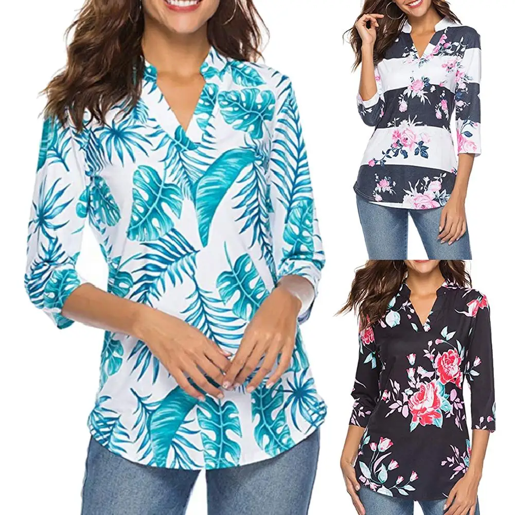Chic Women Hawaii Floral Leaf Print V Neck 3/4 Sleeve Pullover Shirt Blouse Top Polyester Three Quarter Fashion Button | Женская одежда