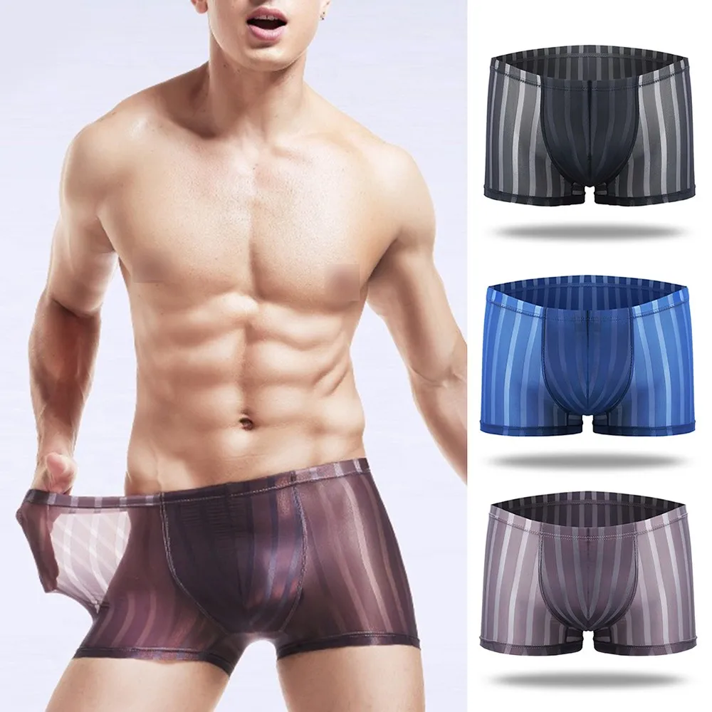 

Boxer Mens Underwear Boxers Hot Sexy Stripe Men's Mesh Transparent Boxer Low Waist Ultra-thin Ice Silk Sexy Breathable Underpant