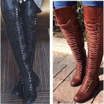 

autumn and winter: solid color over New style boots in the knee, solid lace up boots