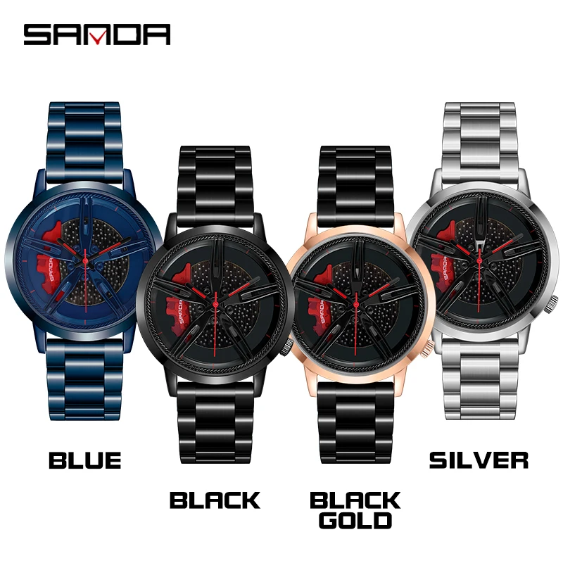 Car Wheel Rim Hub Men Watch SANDA Sports Male Quartz Sliver Stainless Steel Leather Wrist Watches Waterproof Relogio Masculino