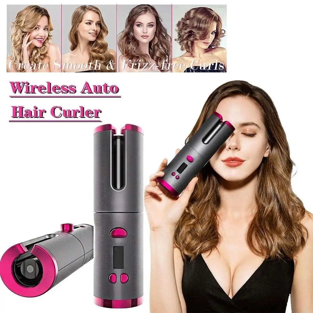 Automática sem Fio Modelador de Cabelo Rotação Cerâmica Recarregável Curling Iron Display Led Ajustável Ondulação Onda Styer ar n Usb