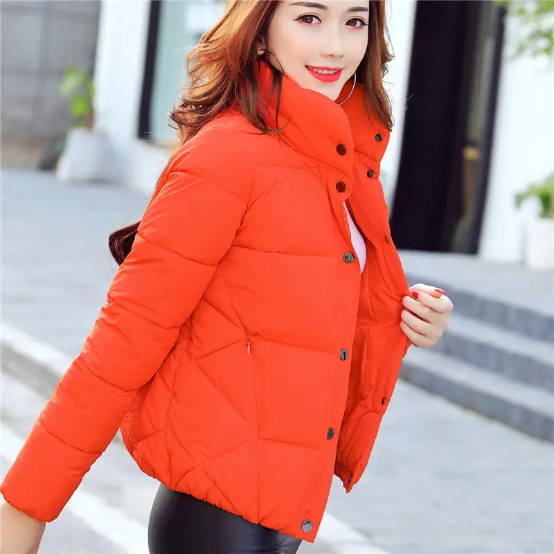 Парка, куртка, пальто, зимняя куртка для женщин, хлопок,, женская теплая плотная одежда для девушек, осенняя верхняя одежда, стеганая Осенняя короткая однотонная - Цвет: Orange