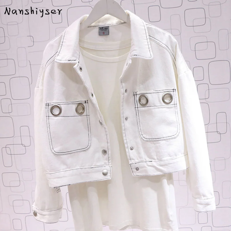 

Women Harajuku White Cropped Denim jacket Chaqueta mujer Fashion Kurtka jeansowa damska High waist Loose Big pocket Jean jacket