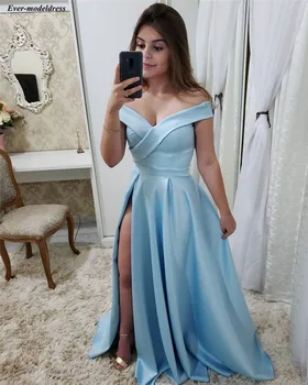 

Sky Blue Satin Prom Dresses Long Off Shoulder Side Split Corset Back Simple Evening Dress Formal Party Gowns Vestidos De Festa