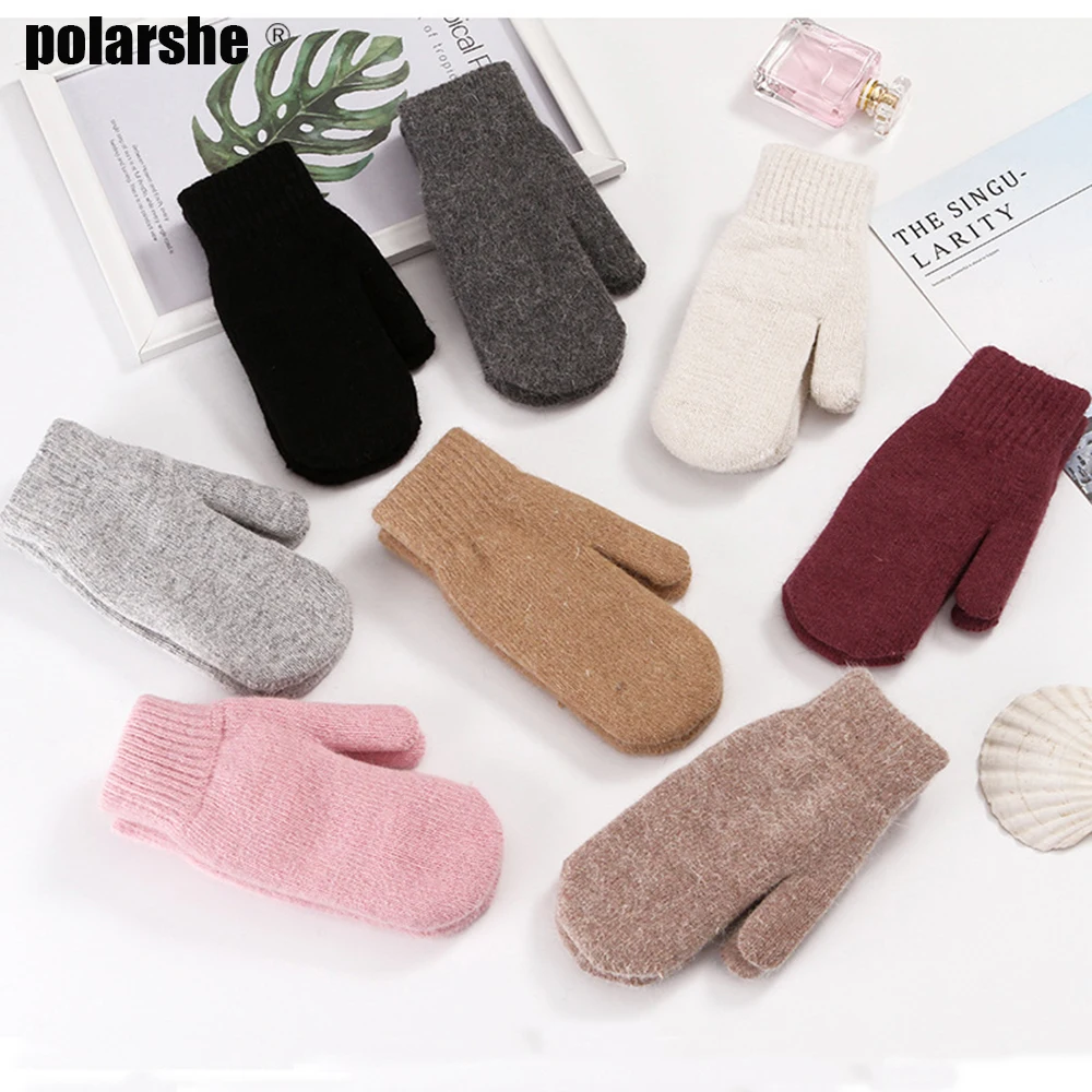 Women Winter Thick Knitted Cashmere Double Layer Plush Knit Warm Mittens Female Cute Rabbit Wool Outlet Fur Full Fingers Glove | Аксессуары