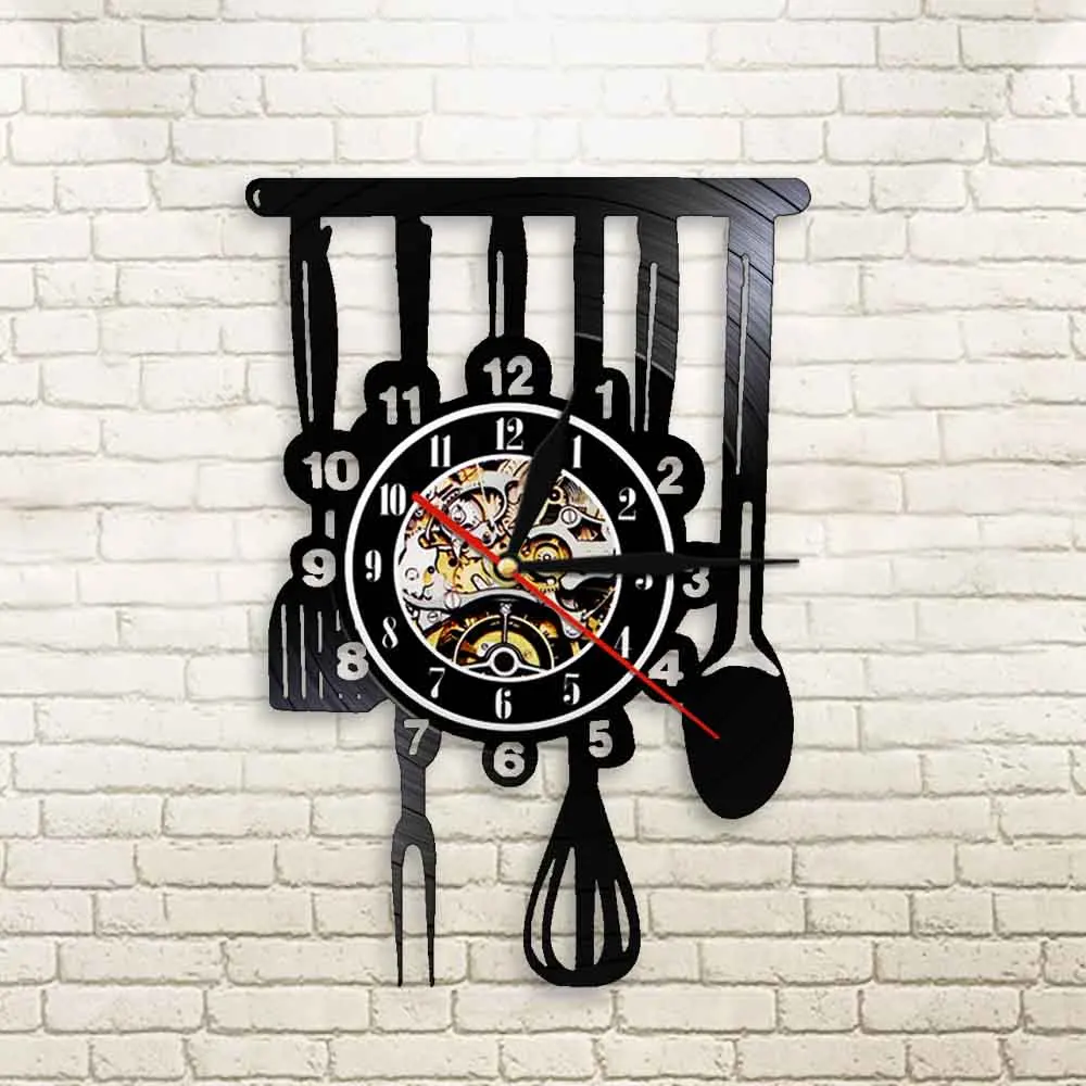 

Unique Creative Mute Kitchen Utensils Fork Spoon Spatula Vinyl Record Lamp Window Decor Cutlery Furnishing Kitchenware Watch