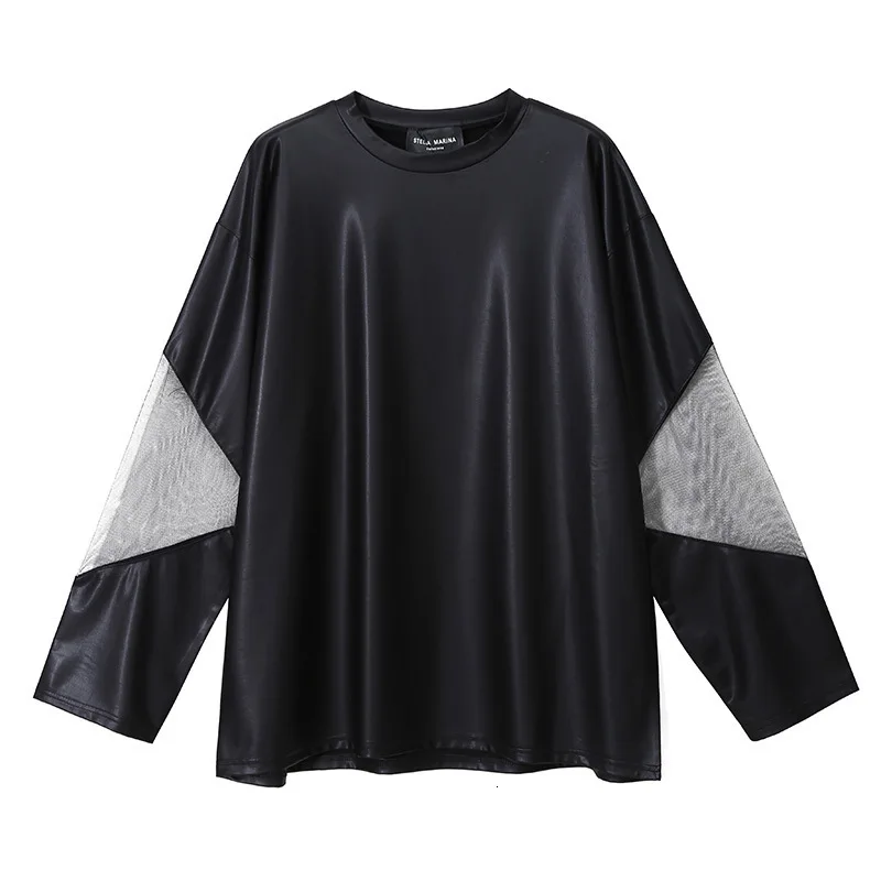 [EAM] Женская свободная футболка из искусственной кожи с сеткой и разрезом большого размера, новая модная футболка с круглым вырезом и длинным рукавом на весну и осень 19A-a388 - Color: black