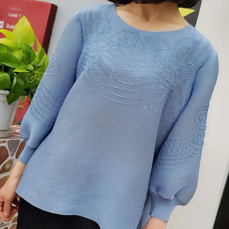 Осенняя новая корейская мода чистый цветной Свободный Топ MIYAKE плиссированная футболка - Цвет: light blue