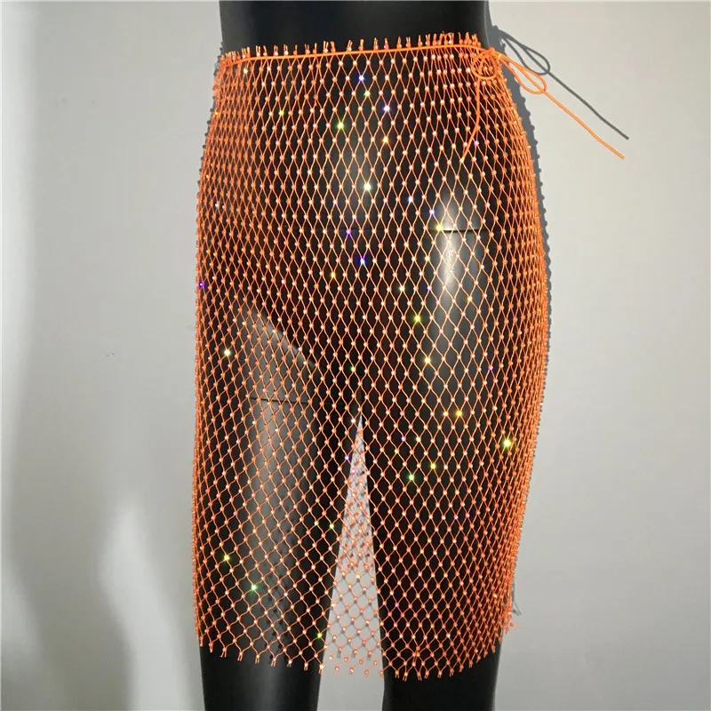 Shiny Rhinestone Fishnet Grid Empire Solid Mini Skirt Summer Beach Sexy Hollow Out Cover Up Luxury Celebrity Above Knee Skirts black midi skirt