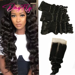 Loose Deep Wave Bundles With Closure Natural Brazilian Hair Weave Bundles With 4x4 Closure For Women Curly Human Hair Extension