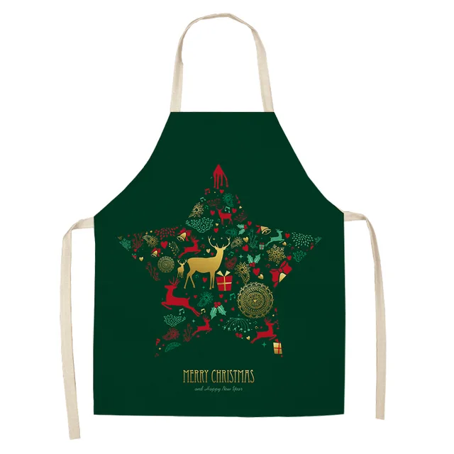 Green Custom Linen Cooking Apron Dress Christmas Tree Gift Elk Child Kitchen Funny Kitchen Apron for Women Baking Accessories Green Christmas 06