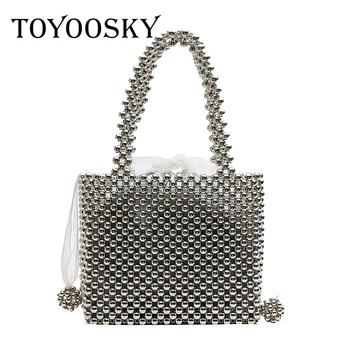 

Handmade Pearl Bag Women Luxury Handbags Small Box Party Vintage Shoulder Bag Female Top-handle Purse Evening Bags Black Silver