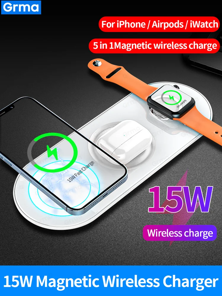 Grma 15W Mag Magnetic 3 In 1 Wireless Charger For Apple iPhone 12 Mini 11 Pro X XS Max Qi 3.0 Charging For AirPods Pro Watch