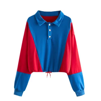 

Women Sweatshirt Crop Top Casual Long Sleeve Drawstring Polo-collar Blue Red Patchwork Sweatshirts Pullover Shirt Streetwear