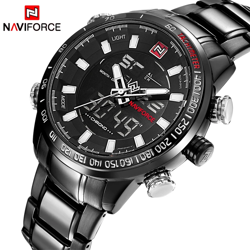 

Luxury Fashion Mens Watches Sport Watch NAVIFORCE Brand Men Quartz Analog Digital Clock Male Waterproof Stainless Steel Watches