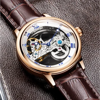 

Fashion Skeleton Tourbillon Mechanical Watch Men Luxury Brand Leather Hollow Business Automatic Wrist Watch Male Clock