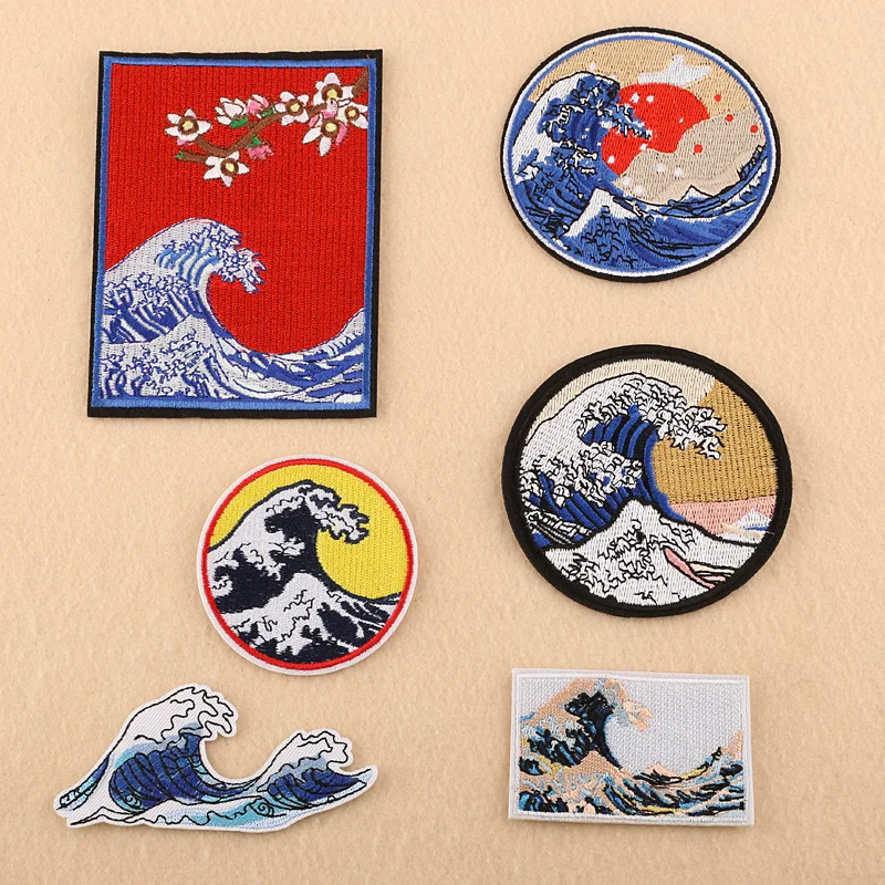 Японский Ukiyo Kanagawa Surf круглый значок Spindrift вышитые нашивки для одежды Аппликации для рубашек DIY Ручная работа - Цвет: 1 SET