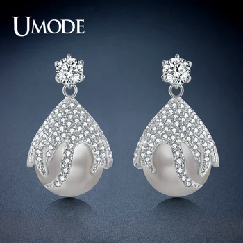 

UMODE Korean Elegant Dangle Pearl White Rhinestone Drop Earrings for Women Luxury Fashion Jewelry oorbellen hangers UE0453