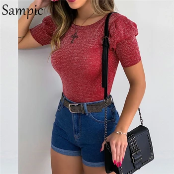 

Sampic Red Black O Neck Party Club Fashion Glitter Sequin Shiny T Shirt Casual Shirt Short Puff Sleeve Tops Summer