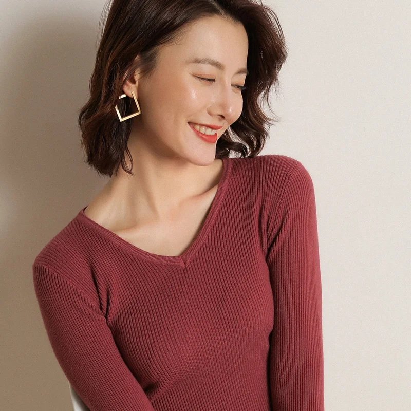 Высококачественный кашемировый Женский свитер-пуловер nouveaute длинный рукав v-образный вырез вязаный пуловер Женский Однотонный свитер - Цвет: Red bean paste