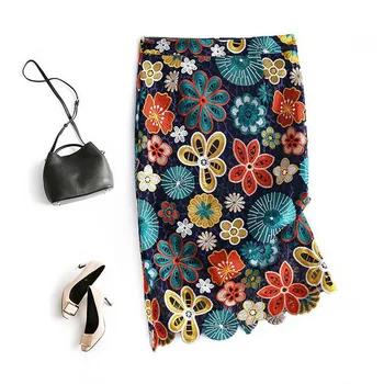 

Elegant Colorful lace Flower Skirt Women High Waist Bag Hip Midi Skirt 2020 Womens Back zipper embroidered Skirt Femme