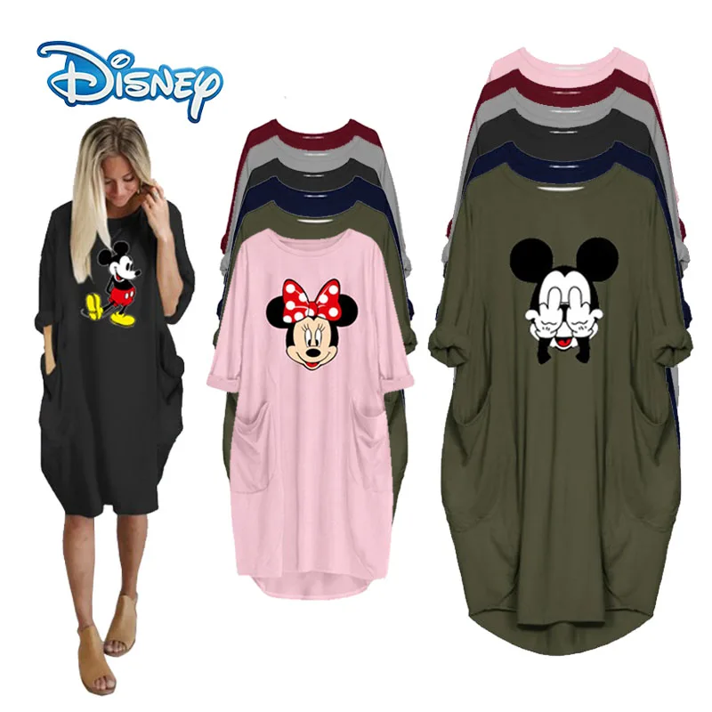 Camiseta de Mickey y Minnie Mouse de Disney para mujer, vestido con patrón  de dibujos animados Irregular, Camisetas largas informales con cuello  redondo, Tops de talla grande para S 5XL de verano|Vestidos| -