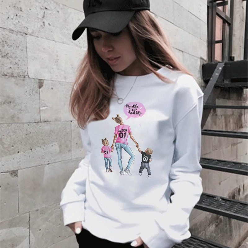 

New Product 2019 Female Mother And Child Printed Sweatshirt Casual Long sleeved Round Neck Korean Fashion Ladies Sweatshirt
