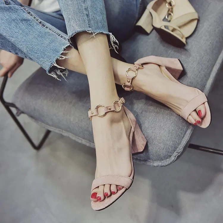 

2019 New Style Summer High Heel Shoes Semi-high Heeled Chunky-Heel Straight-line Buckle Student Sandals Versatile Korean-style P