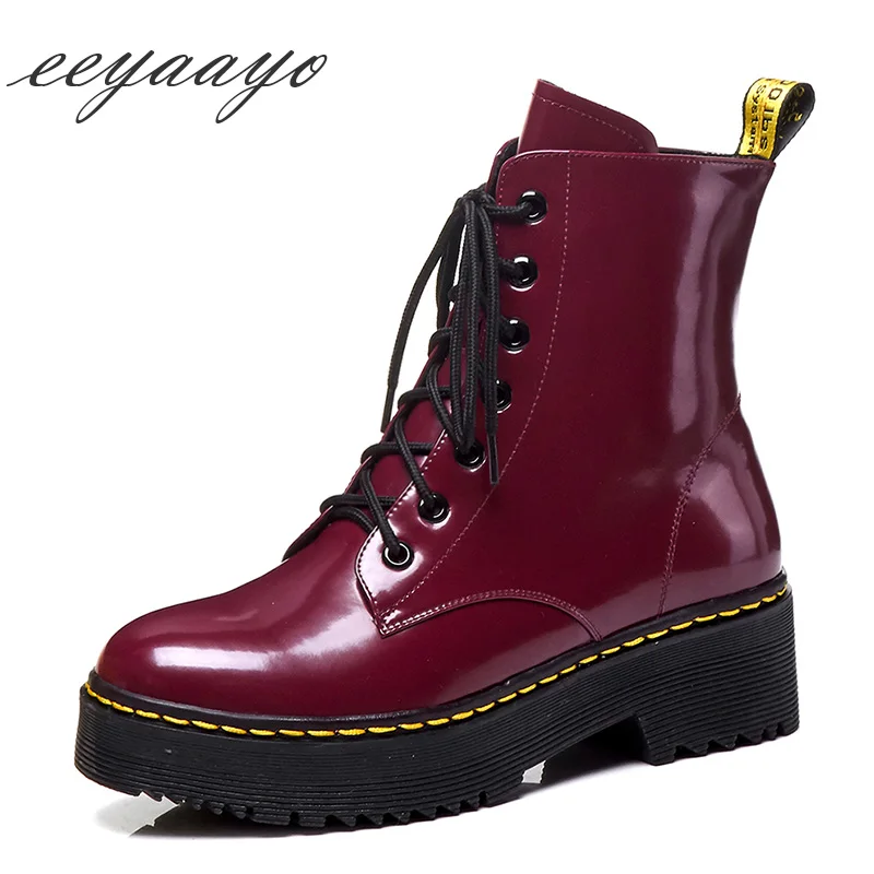 

2019 New Winter Genuine Leather Women Ankle Boots High Heel Square Toe Lace-Up Causal Women Shoes Red Short Martens Boots