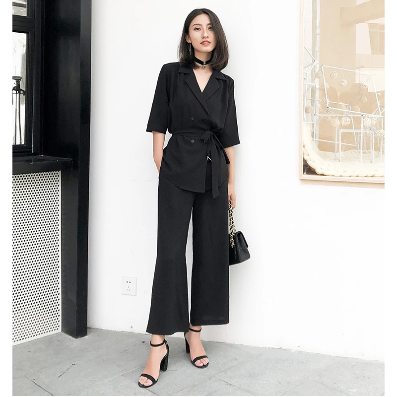 

Woman Chffion Pant Suits Office Lady Sets OL Workwear Double Breasted Belted Black Blazer Jacket & Trousers 2 Piece Set Female