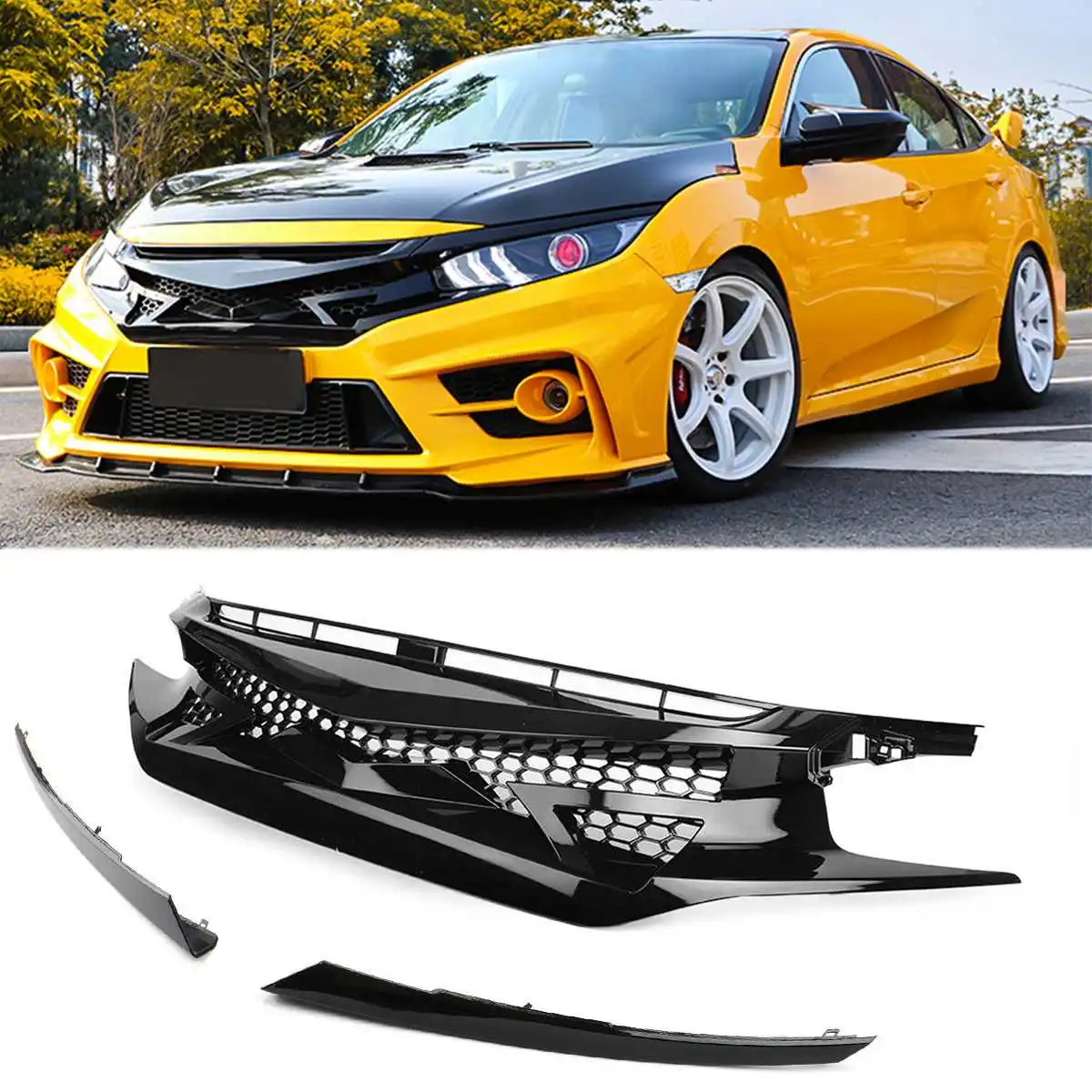 ABS Plastic 3PC JDM 3D Mesh Badgeless Front Hood Grille For 2016 18