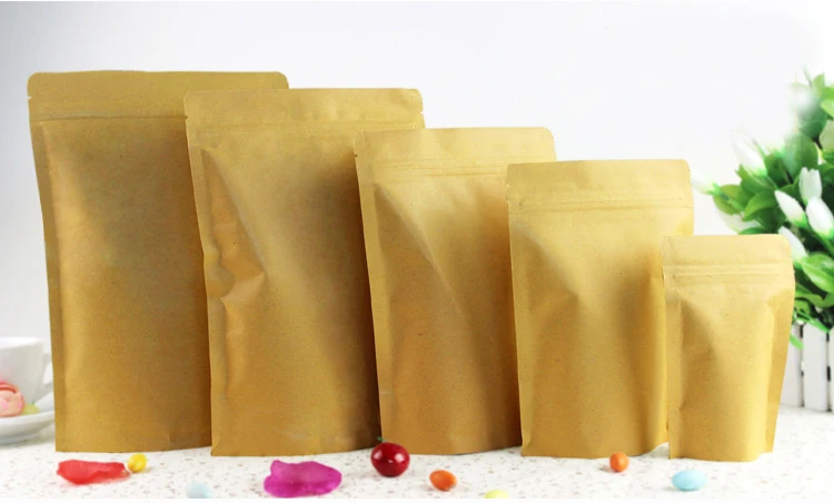 

13*21+4cm 100pcs Stand Up Aluminum Foil Brown kraft paper bags with Zipper lock for Food/Tea/Nut Resealable Packaging Bag