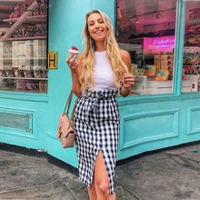 Mnealways18 повседневная юбка в черно-белую клетку с бантом, женская сексуальная юбка средней длины с разрезом, прямые женские офисные хлопковые юбки
