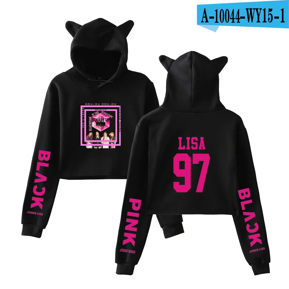 Blackpink hoodies kpop Sweatshirts Women Black pink Lisa Crop Top Cat Hoodies women clothes Oversized Hoodie Plus Size Women - Цвет: black