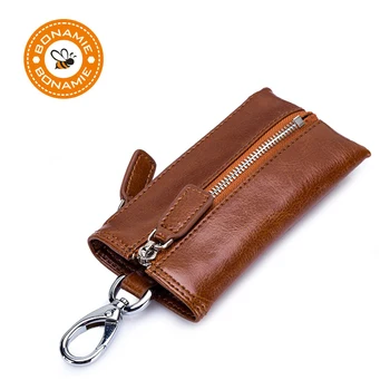 

BONAMIE Genuine Leather Housekeeper Key Wallet Small Car Pouch Ring Wrap Fo Organizer Case Man Zipper Coin Card Holder Keychain