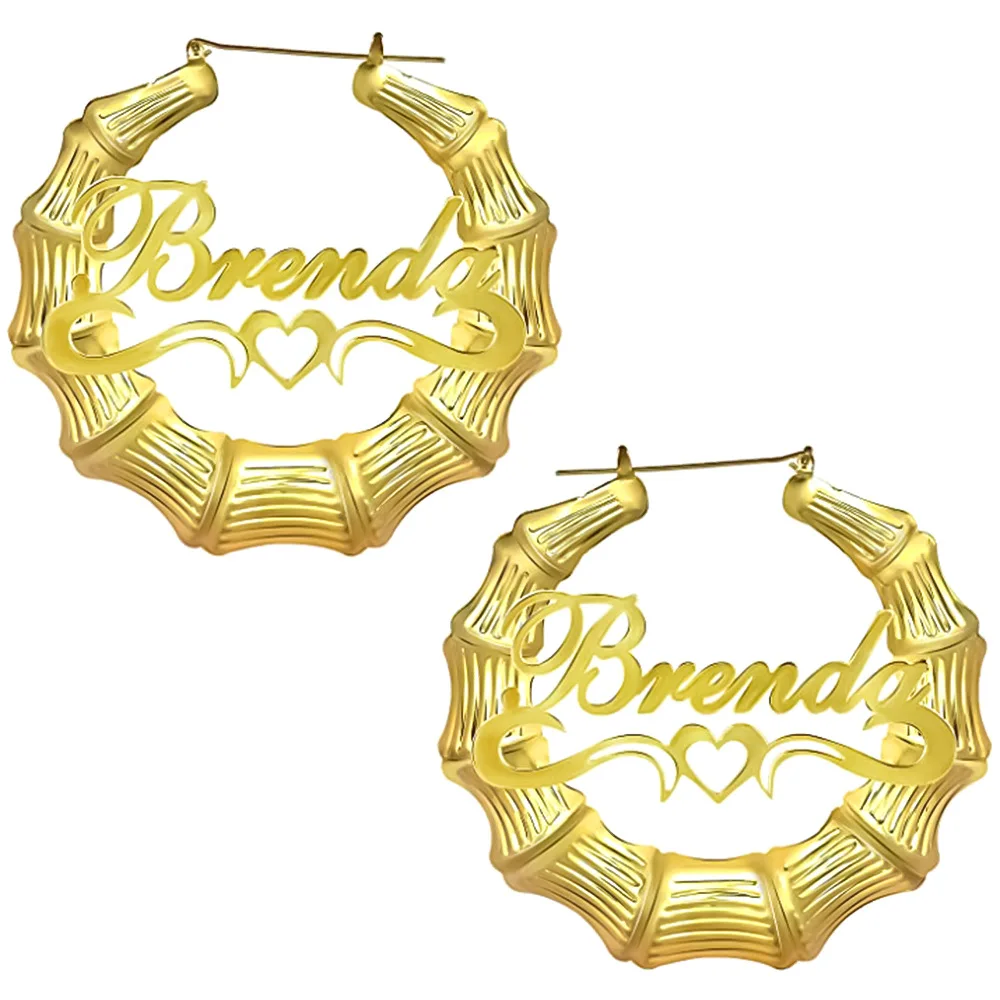 

Large Name Customized Bamboo Hoop Earrings. Gold Plated Initial Earring,Personal Jewelry For Women