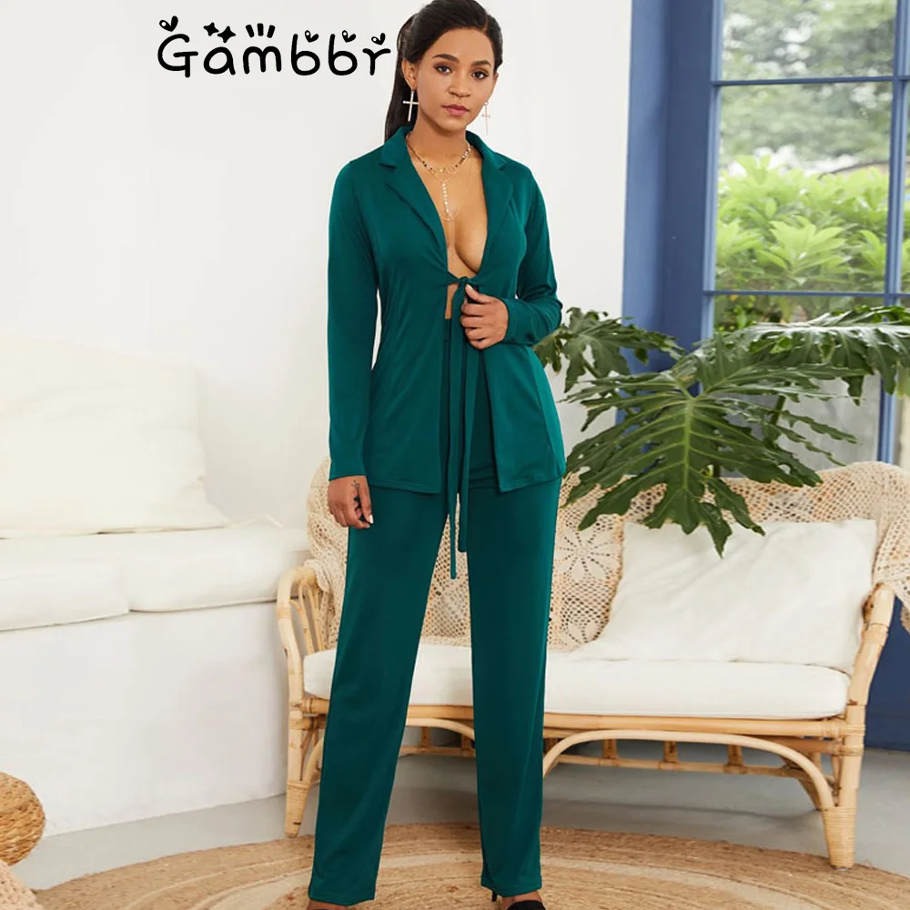 

Elegant Work Fashion Pant Suit 2 Piece Set for Women Solid Blazer Jacket Coat&Long Trouser Office Party Suit 2019 Autumn Winter