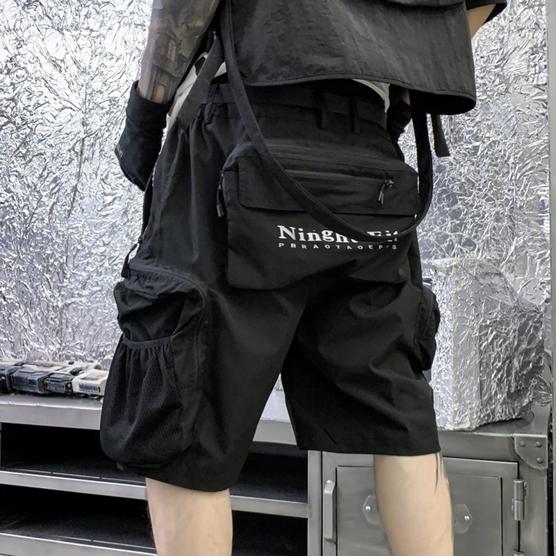 Men Black Ribbons Hip Hop Cargo Shorts Three-dimensional Pockets Harajuku Punk Short Pants Bermuda Homme